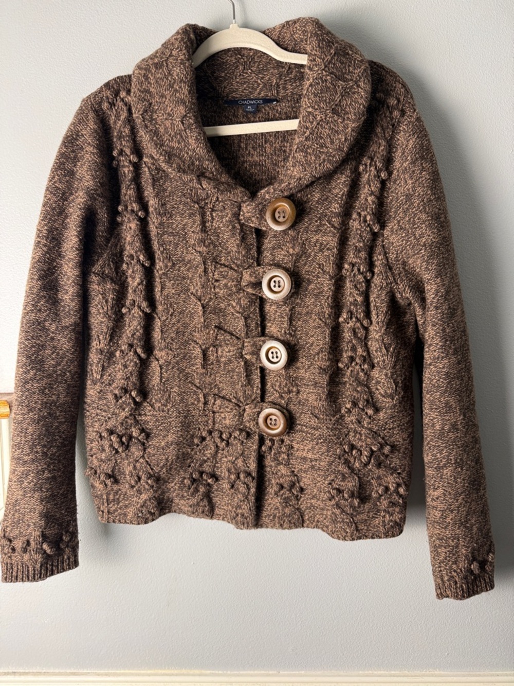 Vintage Chadwicks Brown Button-Front Shawl-Collar Cardigan. 50% lambswool